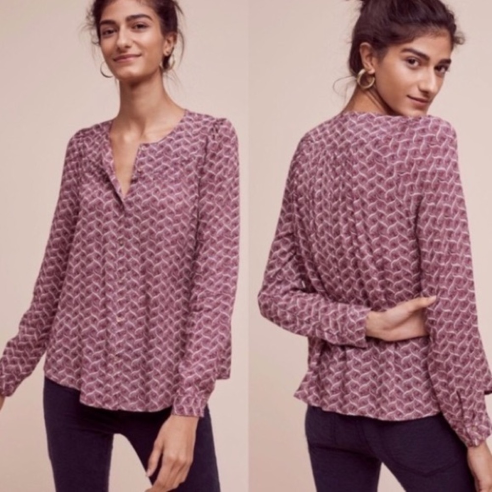 Anthropologie Maeve Orli Red Patterned Button Down Blouse Sz XS